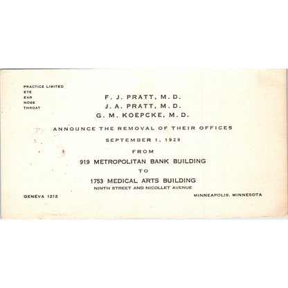 F.j. Pratt J.A. Pratt G.M. Koepcke Doctors Minneapolis MN New Office Card AB9