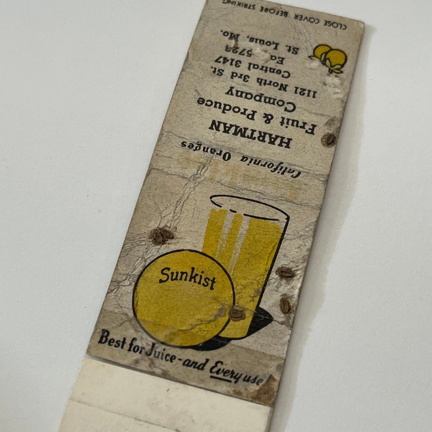 Hartman Fruit & Produce Co St. Louis MO Vintage Matchbook Cover TB6-MB1-14