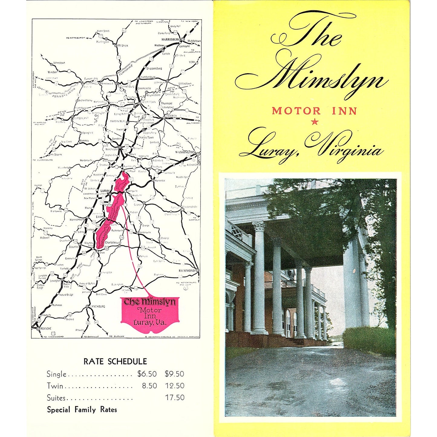 The Mimslyn Motor Inn Luray Virginia 1960s Travel Brochure TH2-TB3