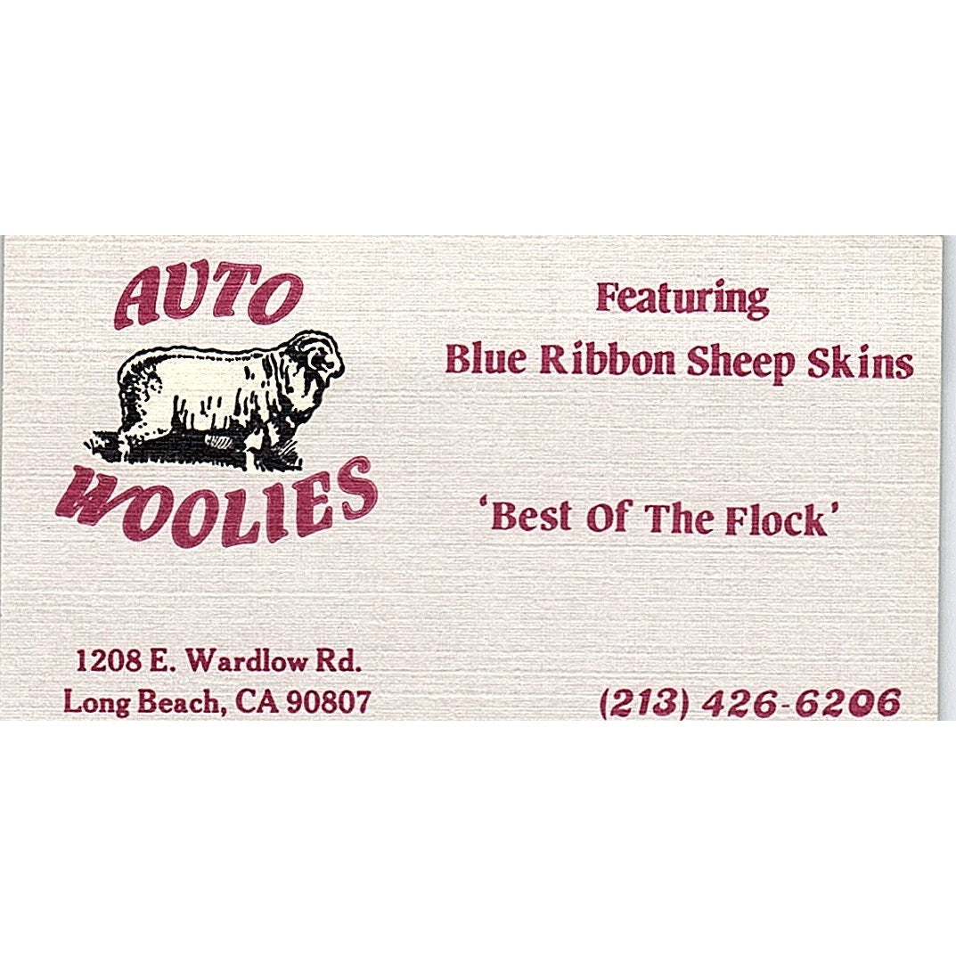 Auto Woolies Blue Ribbon Sheep Skins Long Beach CA Vintage Business Card SE3-B14