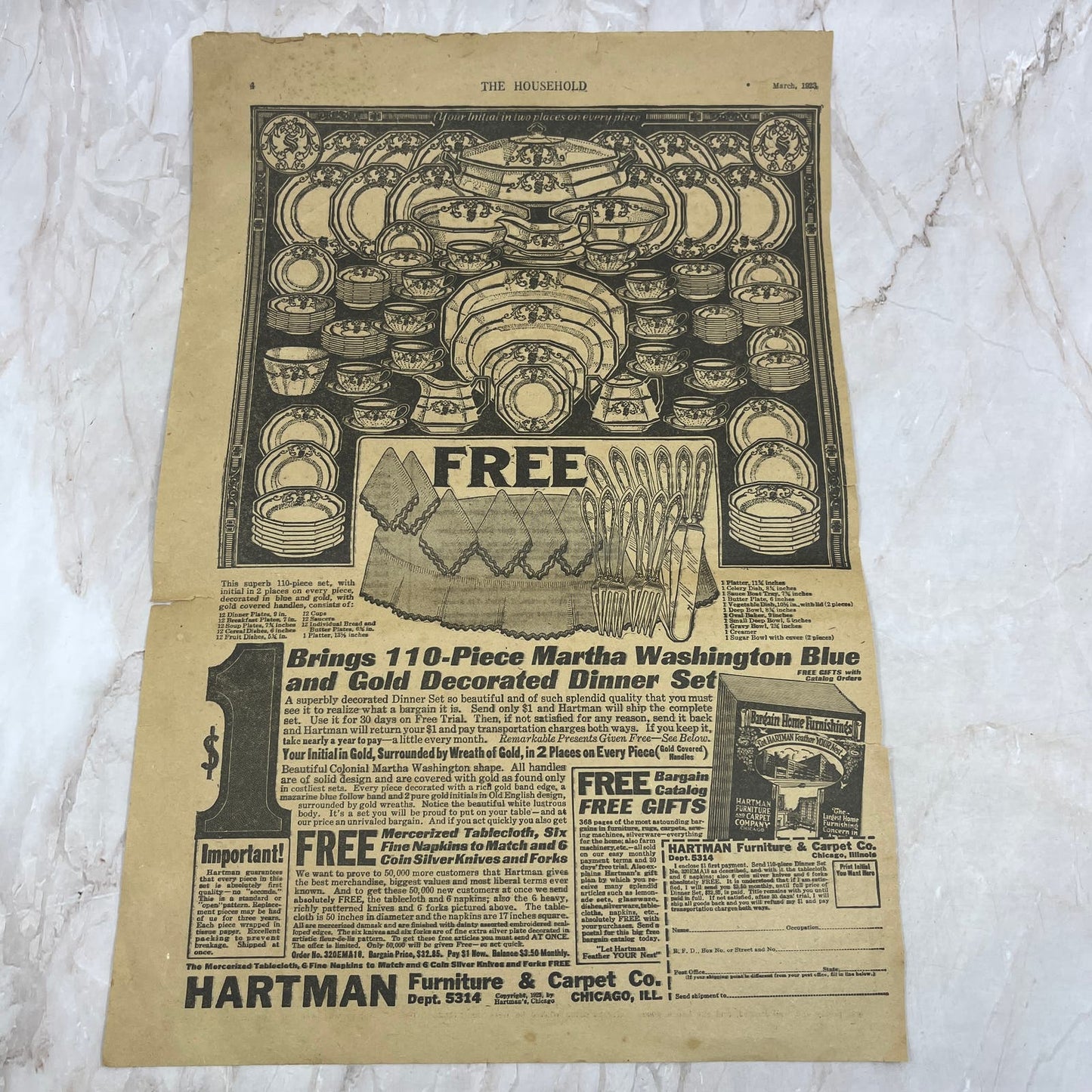 1923 Hartman Furniture & Carpet Martha Washington Dinner Set Advertisement FL6-7