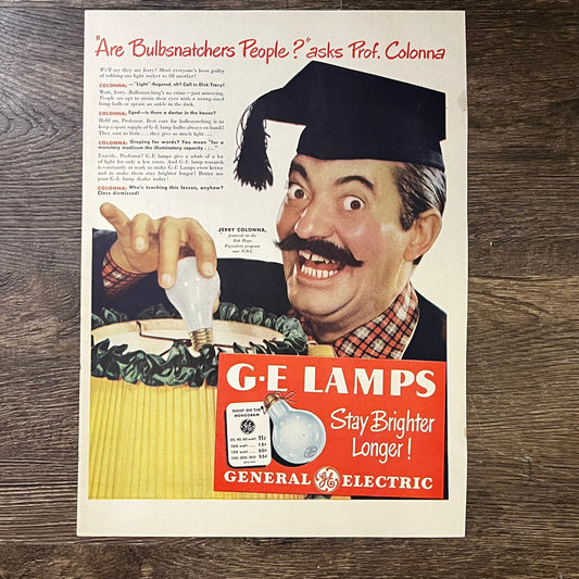 1947 Ad General Electric GE Light Bulbs Jerry Colonna Bulbsnatchers Ad 10x13 V3