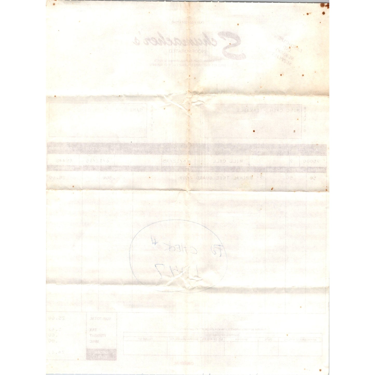 Schumacher's Incorporated Landscape Nursery South St. Paul MN 1995 Billhead K22