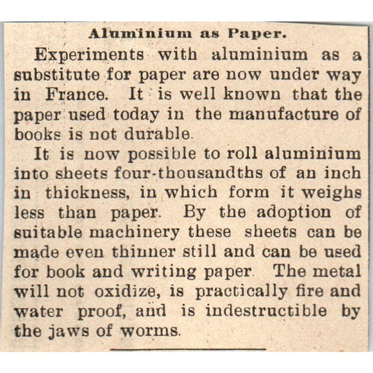 Experiments With Aluminum as Paper Milwaukee 1898 Newspaper Clip AF7-SS9