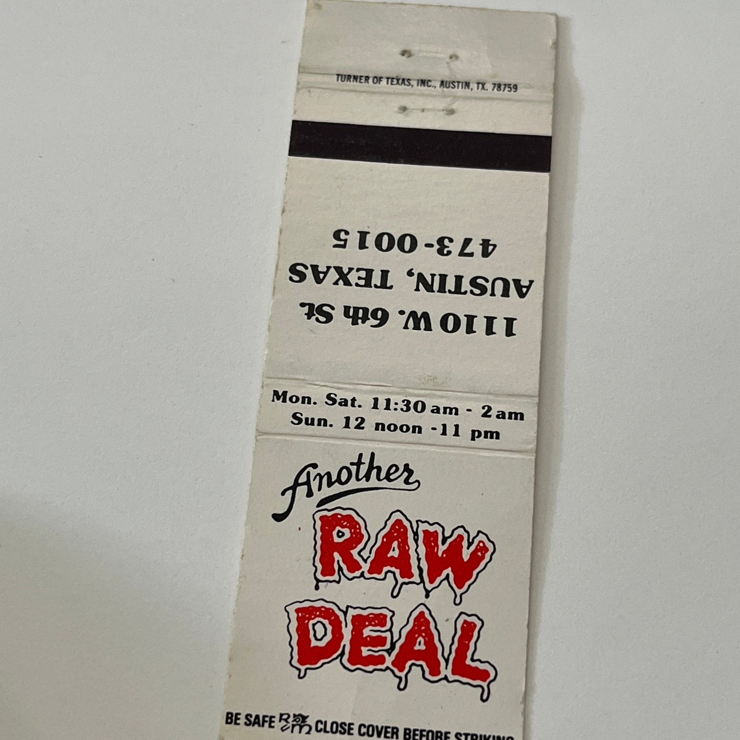 Another Raw Deal Austin Texas Vintage Matchbook Cover TB6-MB1-14