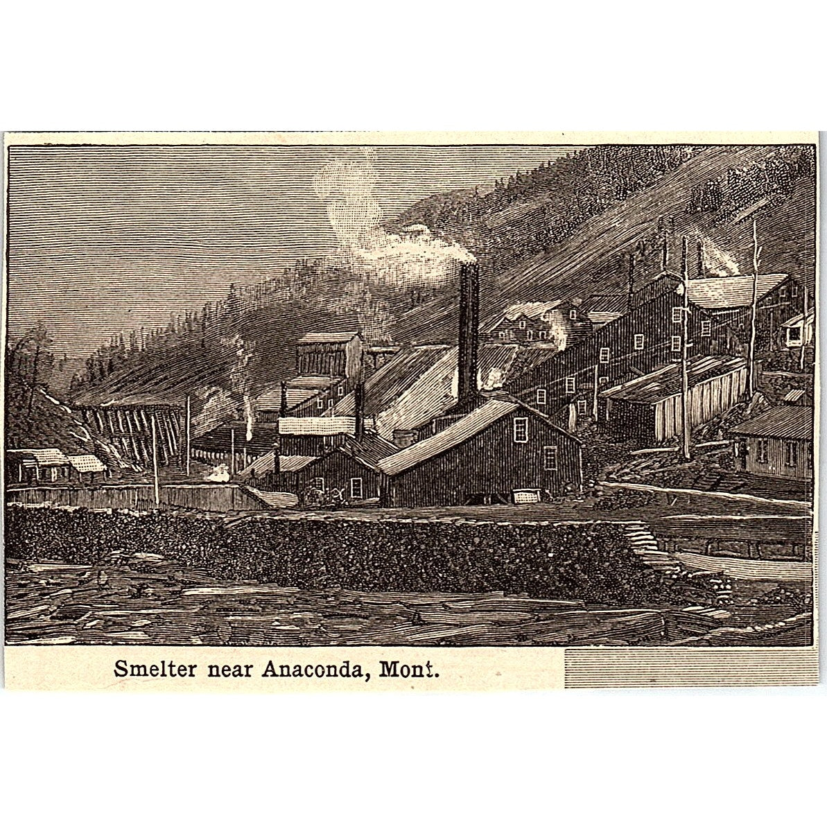 Smelter Near Anaconda Montana 3x4" 1901 Engraving AF6-M11