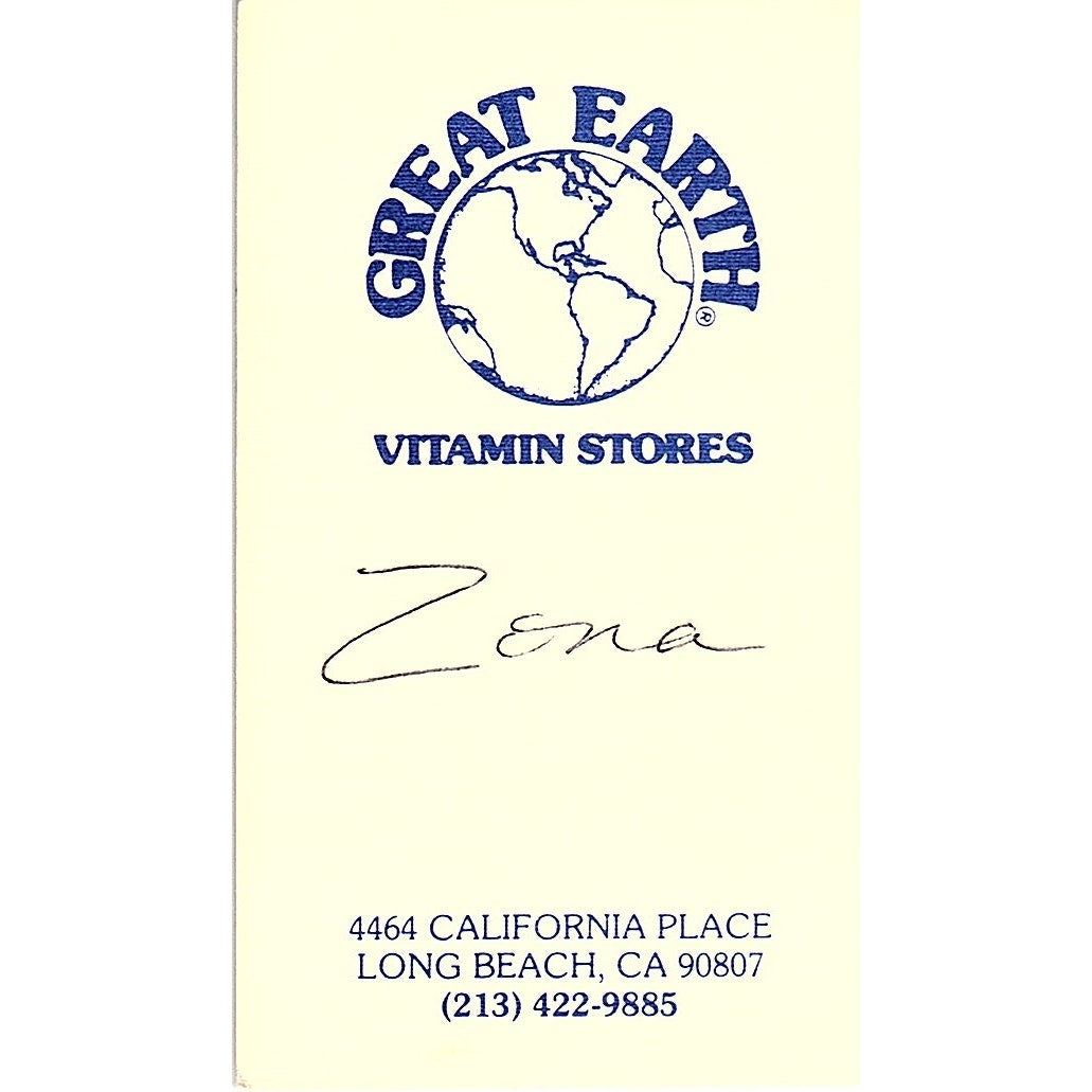 Great Earth Vitamin Stores Zena Long Beach Vintage Business Card SD9-B11