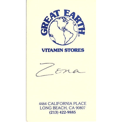 Great Earth Vitamin Stores Zena Long Beach Vintage Business Card SD9-B11