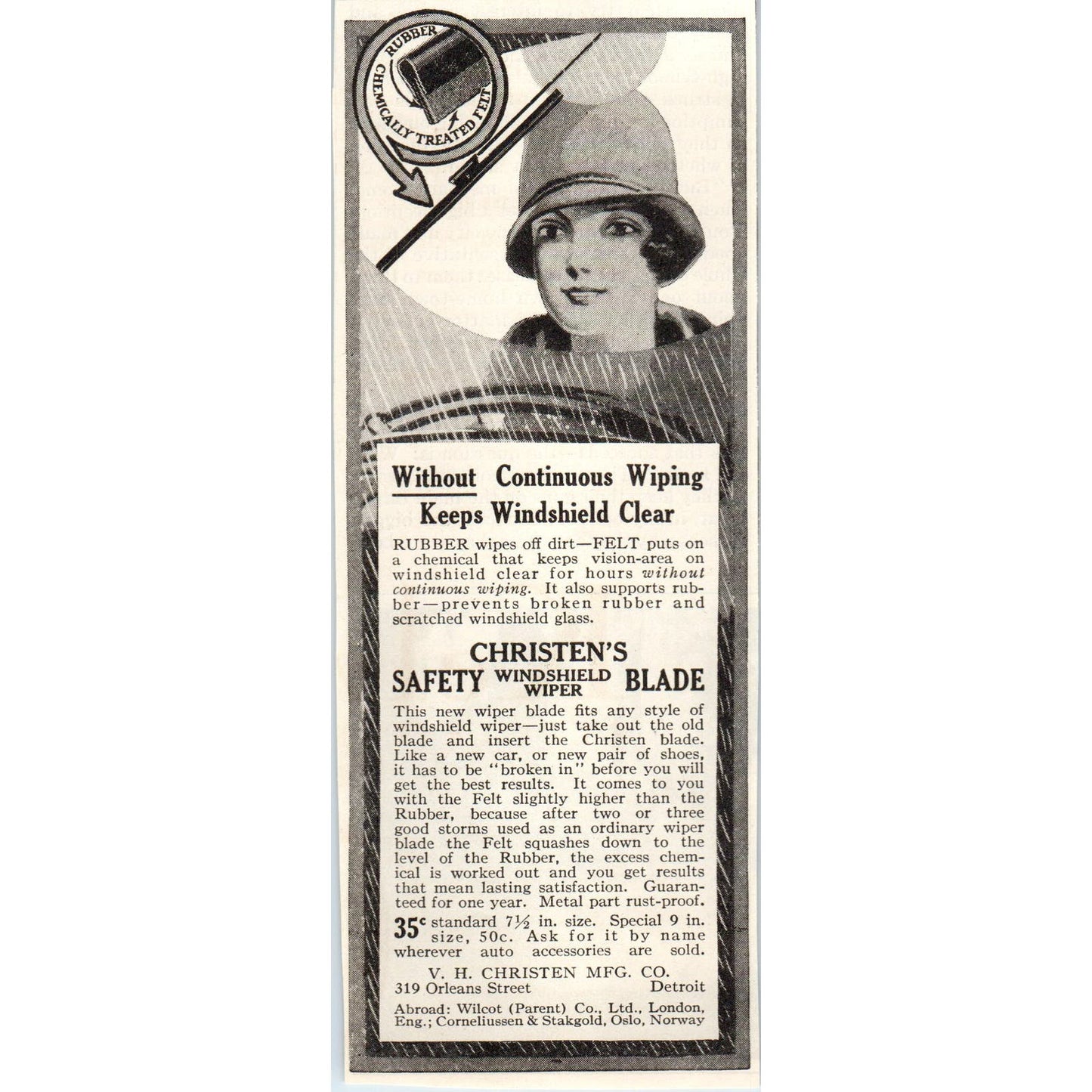 V.H. Christen's Safety Windshield Wiper Blade Detroit 1928 Advertisement AE5-SSE
