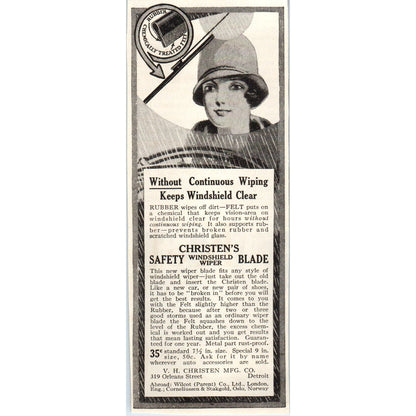 V.H. Christen's Safety Windshield Wiper Blade Detroit 1928 Advertisement AE5-SSE