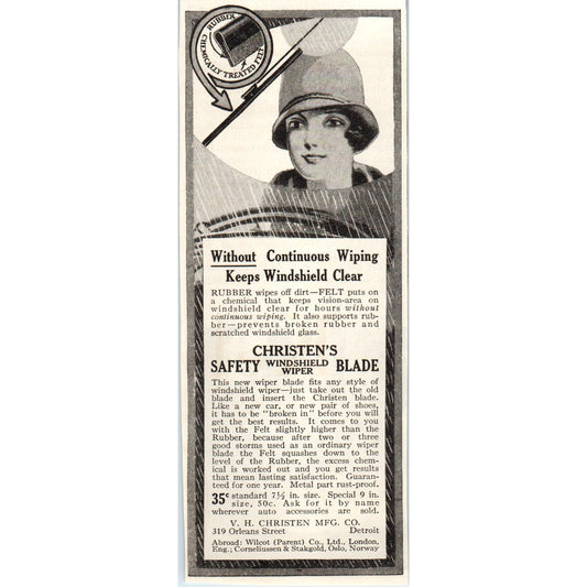 V.H. Christen's Safety Windshield Wiper Blade Detroit 1928 Advertisement AE5-SSE