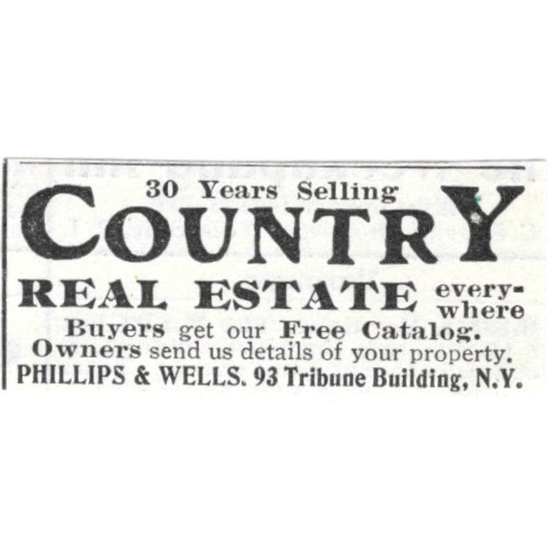 Country Real Estate Phillips & Wells NY c1918 Original Advertisement AE5-SV1