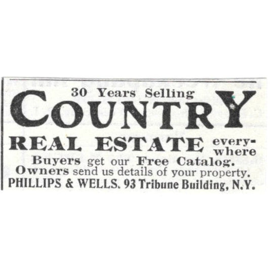 Country Real Estate Phillips & Wells NY c1918 Original Advertisement AE5-SV1