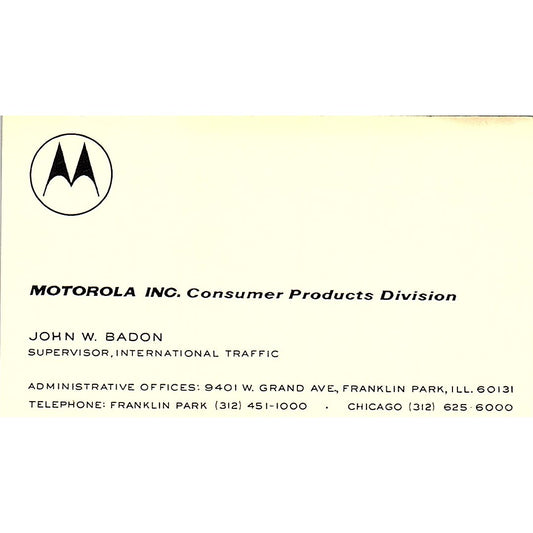 Motorola Inc. Consumer Products Division W. Badon Franklin Park IL Card SSB4-B12
