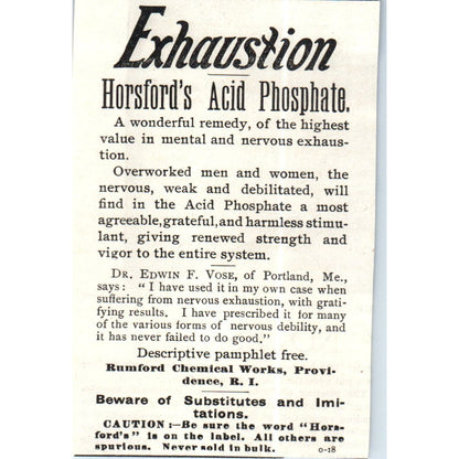 Exhaustion - Horsford's Acid Phosphate Rumford Chemical Works c1890 Ad AE8-CH7