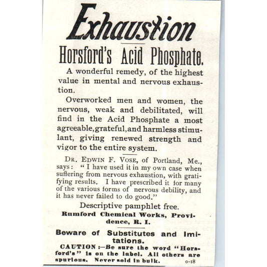 Exhaustion - Horsford's Acid Phosphate Rumford Chemical Works c1890 Ad AE8-CH7