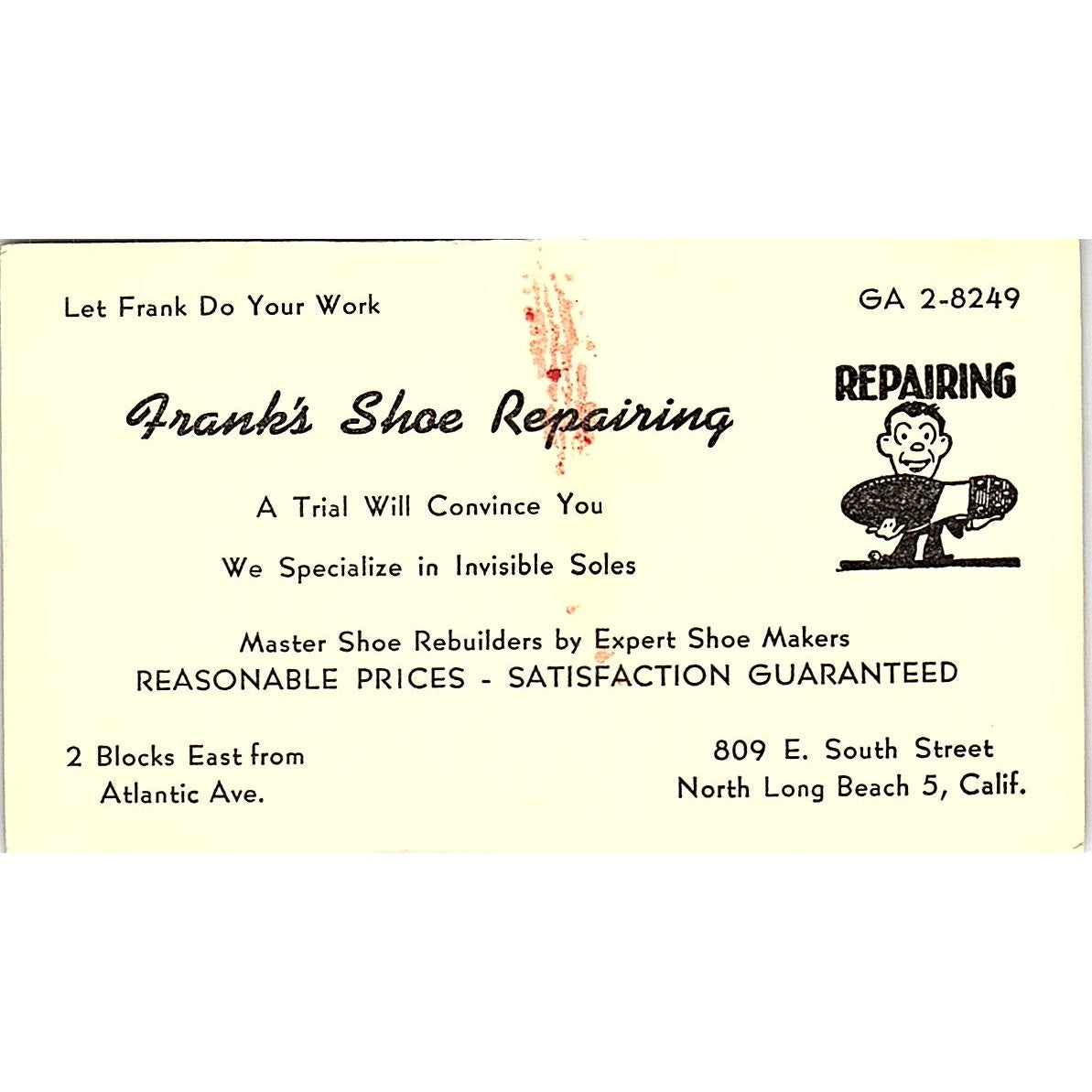 Franks Shoe Repairing North Long Beach CA Vintage Business Card TH2-B1