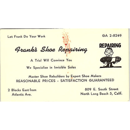 Franks Shoe Repairing North Long Beach CA Vintage Business Card TH2-B1