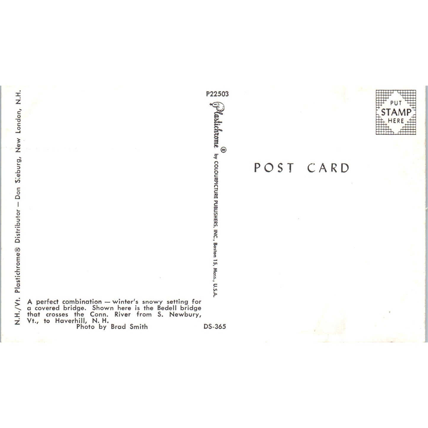 Bedell Bridge Conn. River Newbury VT Haverhill NH Covered Bridge Postcard PB11