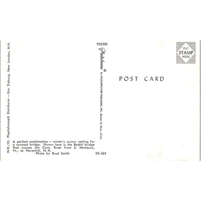 Bedell Bridge Conn. River Newbury VT Haverhill NH Covered Bridge Postcard PB11