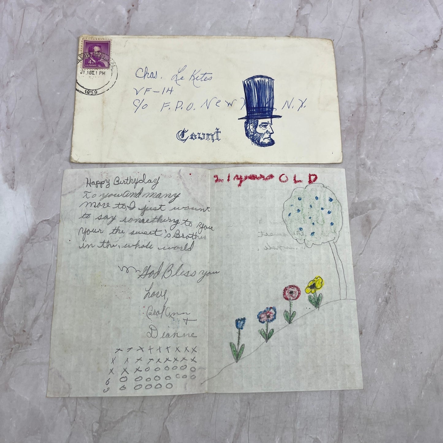 1959 Hand Drawn 21st Birthday Card Chas Le Kites NY From Younger Sibling TJ5-E2