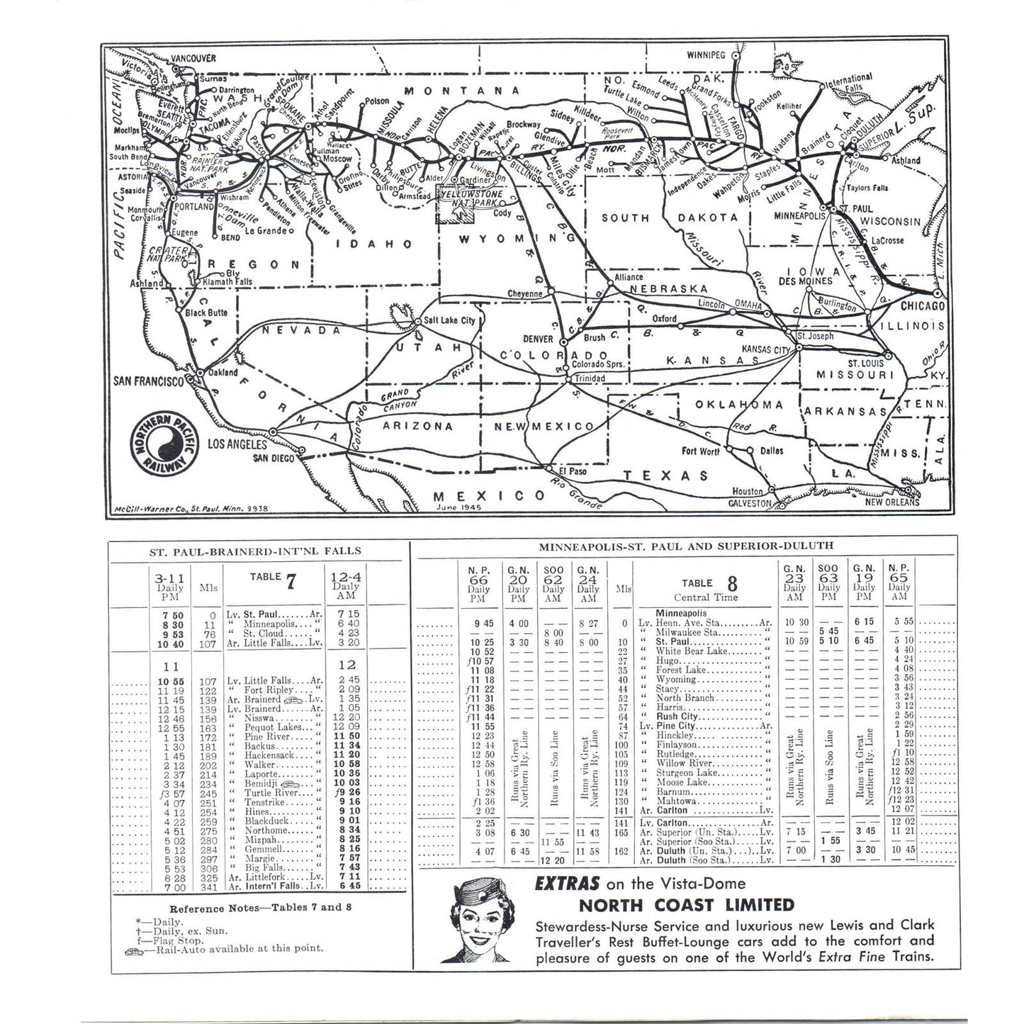 1958 Northern Pacific Railway North Coast Limited Passenger Timetables AB9