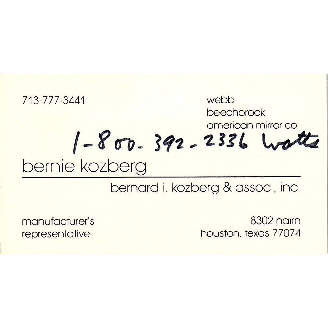 Bernie Kozberg & Assoc Inc Houston Vintage Business Card SD9-B7