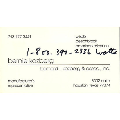 Bernie Kozberg & Assoc Inc Houston Vintage Business Card SD9-B7
