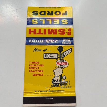 H.P Smith Ford Omaha Charlie Brown Peanuts Vintage Matchbook Cover SA6-M10