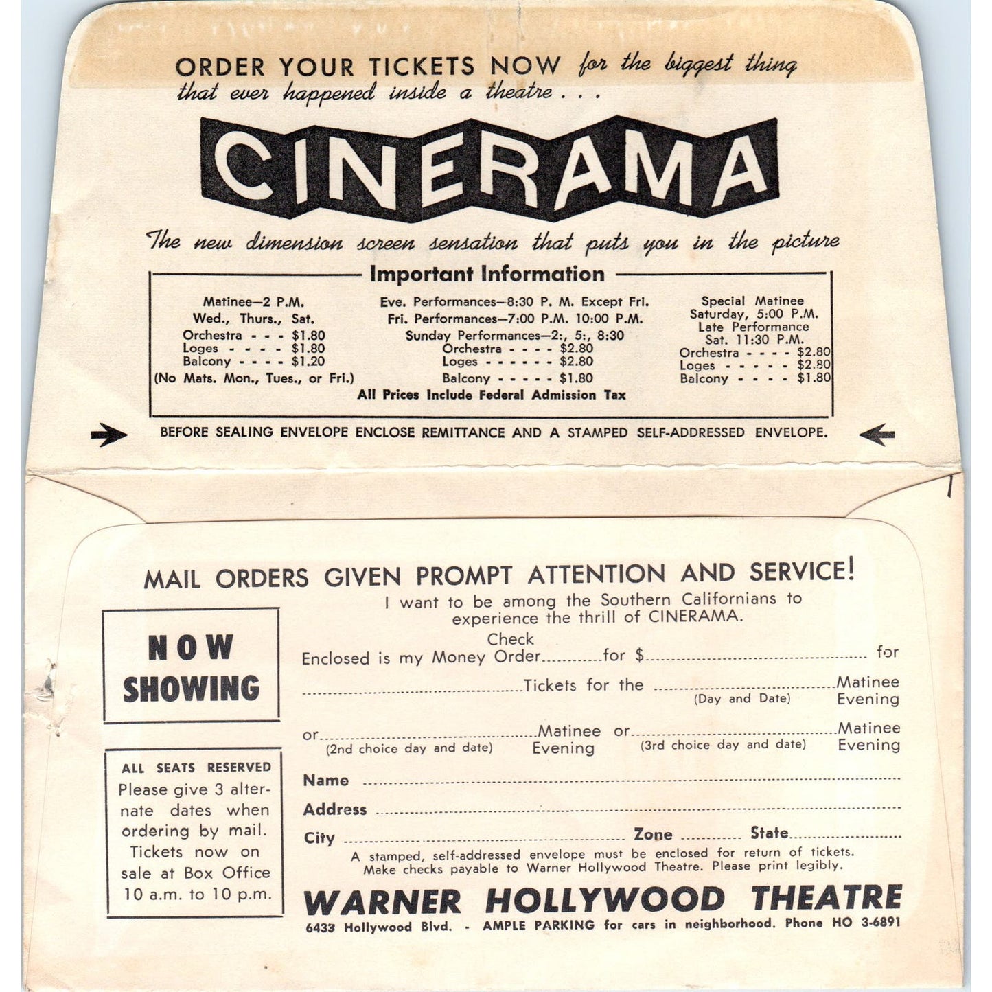 Warner Hollywood Theatre Cinerama Seat Reservation Envelope CA AE8