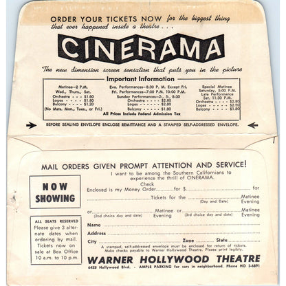 Warner Hollywood Theatre Cinerama Seat Reservation Envelope CA AE8