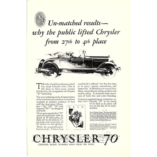 Chrysler 70 Sport Phaeton Roadster 6x10" 1920s Original Ad D24