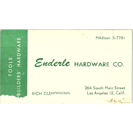 Rich Clendening Enderle Hardware Co Los Angeles Vintage Business Card SD9-B4