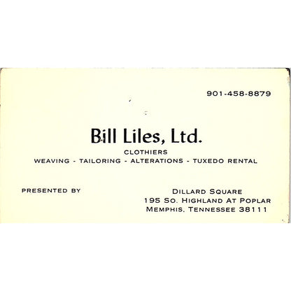 Dill Liles Ltd Clothiers Dillard Square Memphis TN Vintage Business Card SC9-B6