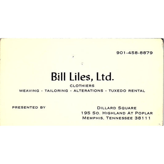 Dill Liles Ltd Clothiers Dillard Square Memphis TN Vintage Business Card SC9-B6