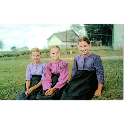 Three Amish Girls at School House Pennsylvania Dutch Country Postcard PD8