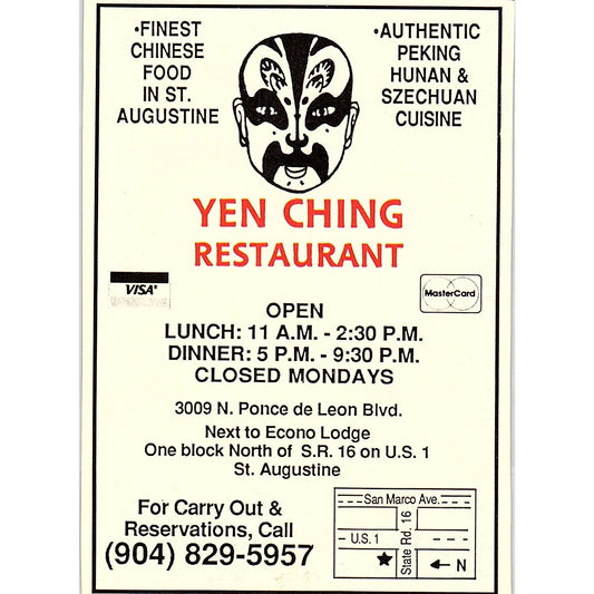 Yen Ching Restaurant Chinese Food St. Augustine FL 1989 Ad AF9-13
