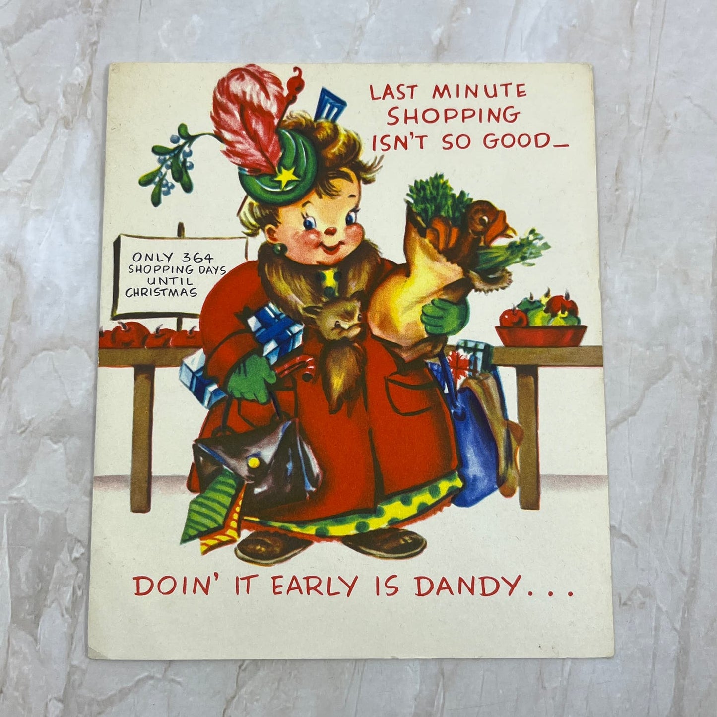 1950s Christmas Greeting Card Popup Boy WIth Turkey AE3