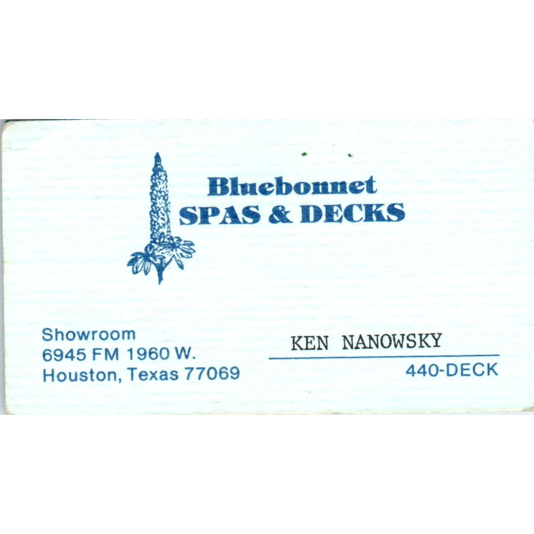Bluebonnet Spas & Decks Ken Nanowsky Houston TX Vintage Business Card SD4-B2