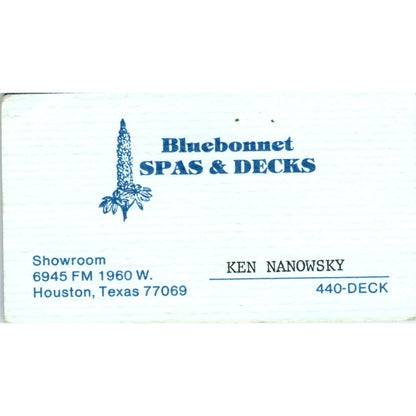 Bluebonnet Spas & Decks Ken Nanowsky Houston TX Vintage Business Card SD4-B2
