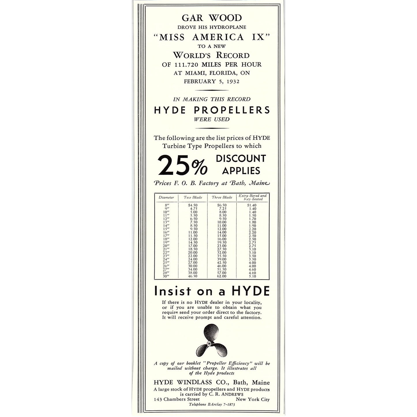 Hyde Boat Propellers Hyde Windlass Co Bath Maine C.R. Andrews 1932 AG2-3