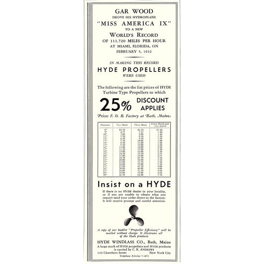 Hyde Boat Propellers Hyde Windlass Co Bath Maine C.R. Andrews 1932 AG2-3