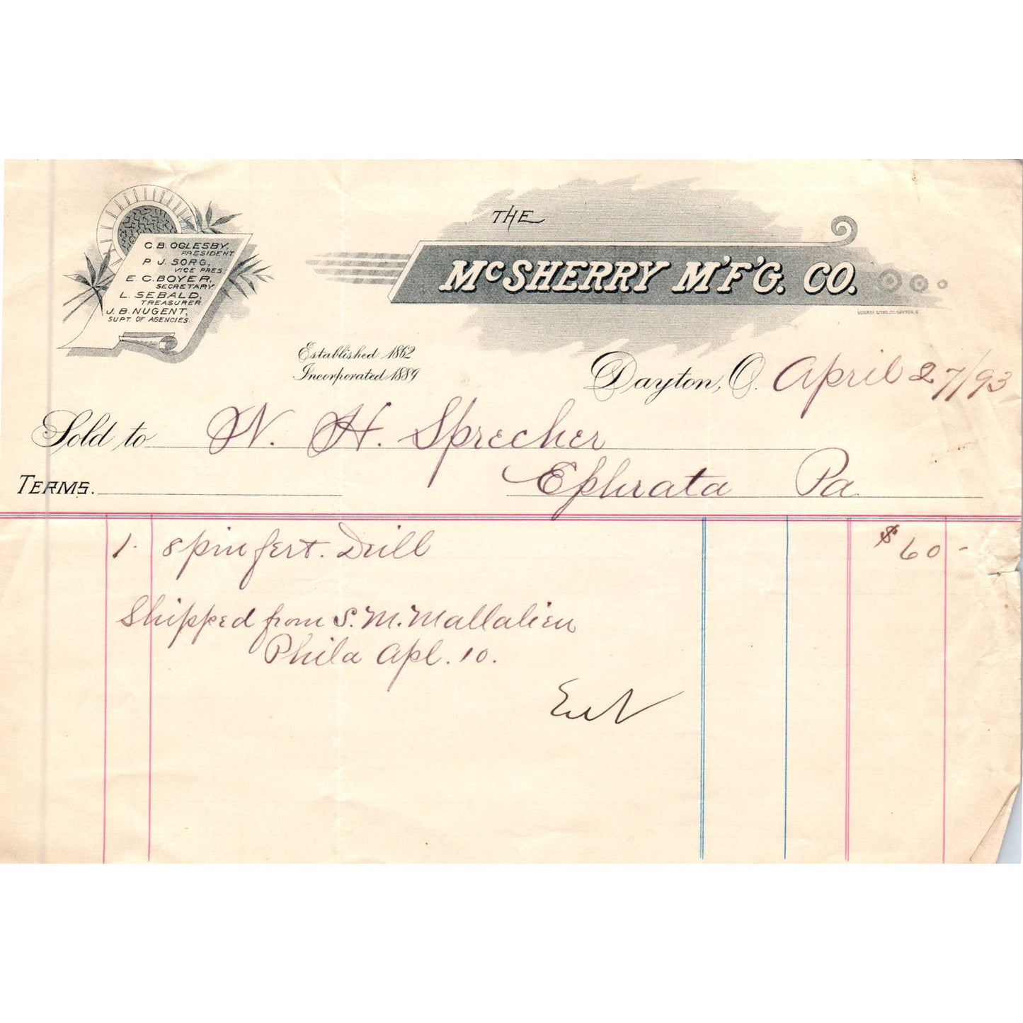 1893 The McSherry Mfg Co Dayton OH Letterhead Billhead Receipt D11