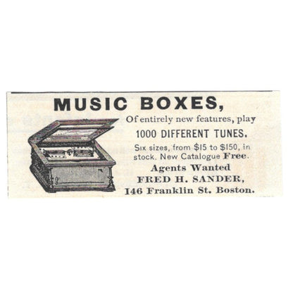 Fred H. Sander Music Boxes Boston MA c1890 Victorian Ad AE9-CH1