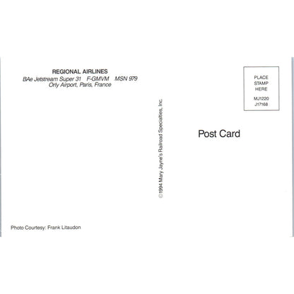 Regional Airlines BAe Jetstream Super 31 Vintage Postcard PC2