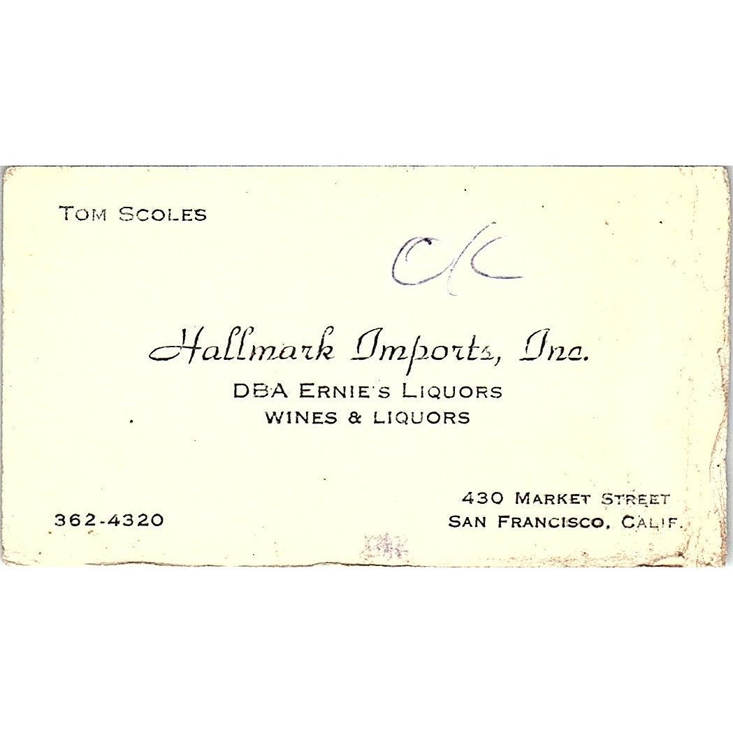 Hallmark Imports Inc Tom Scoles San Francisco Vintage Business Card SD9-B5
