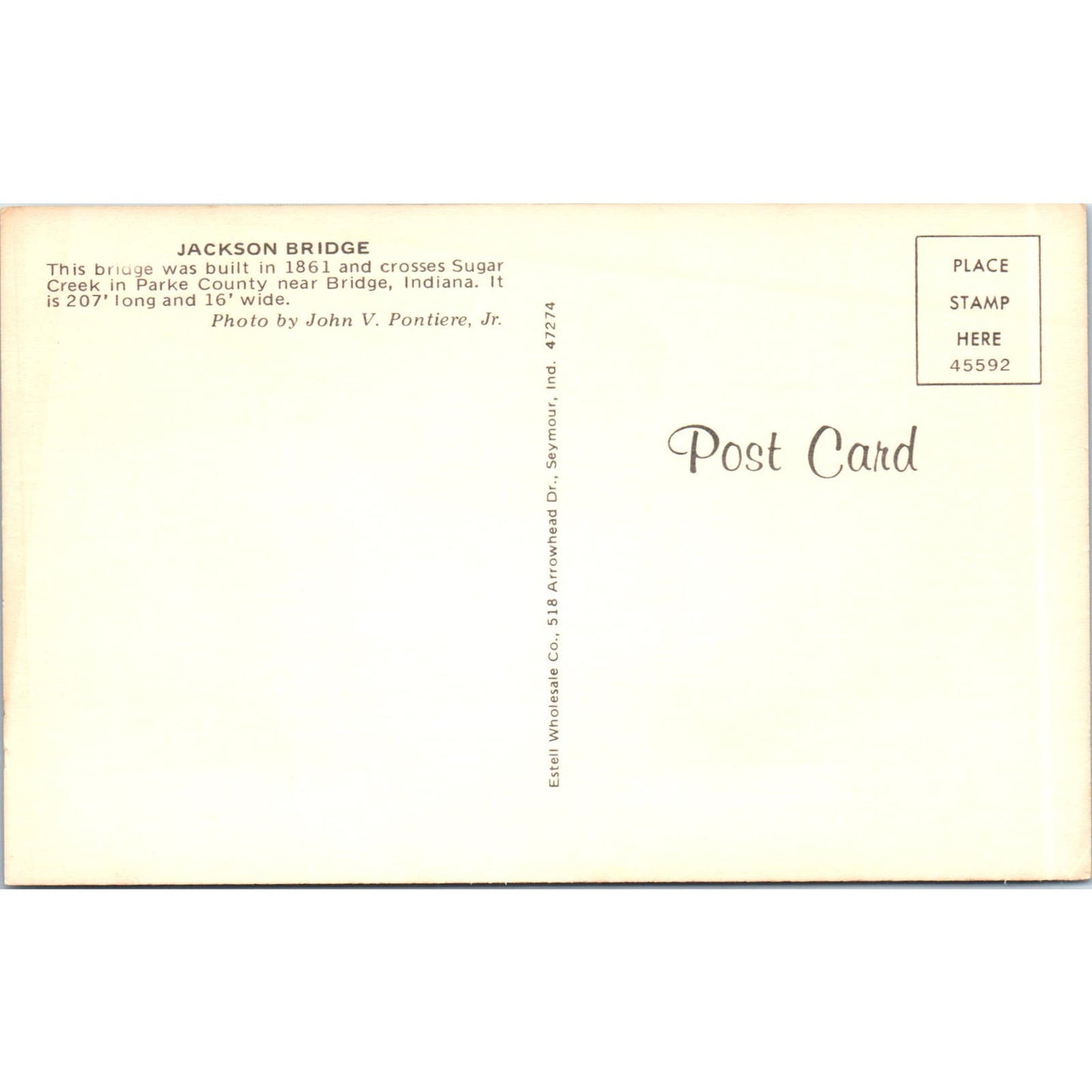 Jackson Bridge Parke County Indiana Vintage Covered Bridge Postcard PC14