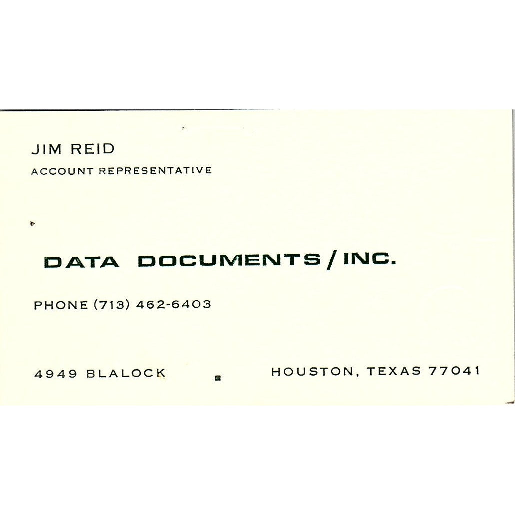 Jim Reid Data Documents Inc Houston TX Vintage Business Card SD9-B2