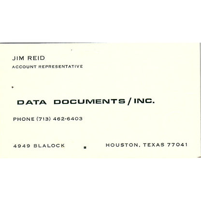 Jim Reid Data Documents Inc Houston TX Vintage Business Card SD9-B2