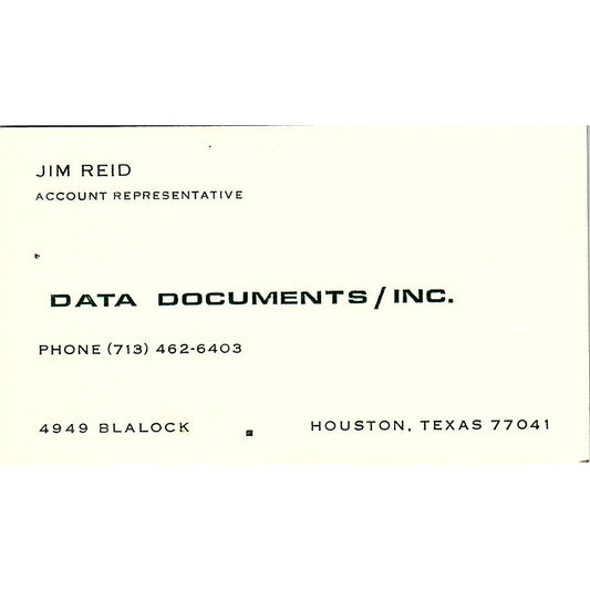 Jim Reid Data Documents Inc Houston TX Vintage Business Card SD9-B2